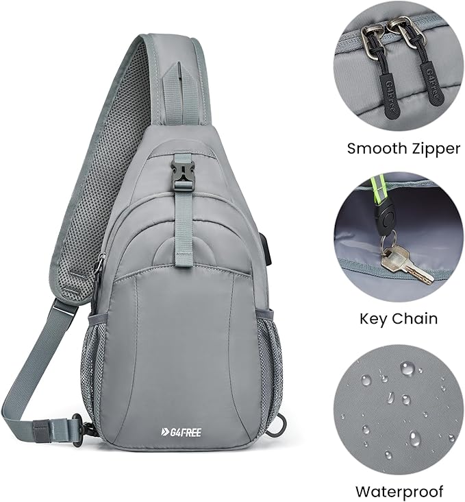 G4Free Sling Bag RFID Crossbody Sling Backpack with USB Charging Port, Travel Hiking Daypack Shoulder Chest Bag for Women Men(Gray)
