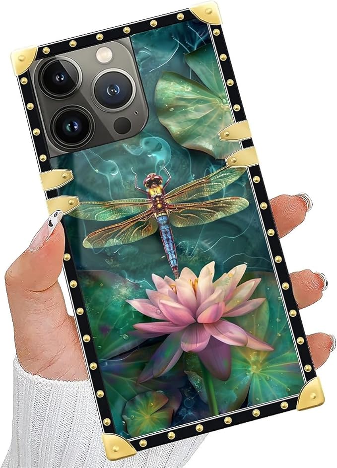 Compatible with iPhone 15 Pro Case, Colourful Dragonfly Pink Lily Pads Luxury Golden Decoration for Girl Women Soft TPU Shockproof Protective Hard PC Back for iPhone 15 Pro