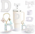 6PCS White Stanley Cup Accessories Set Fit for Stanley Cup 30oz 40oz. Including Handle Charm, Personalized Initial Sticker, Straw Topper, Sparkly Silicone Boot, Spill Proof Stopper (Letter-D)