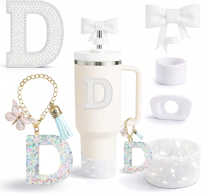 6PCS White Stanley Cup Accessories Set Fit for Stanley Cup 30oz 40oz. Including Handle Charm, Personalized Initial Sticker, Straw Topper, Sparkly Silicone Boot, Spill Proof Stopper (Letter-D)