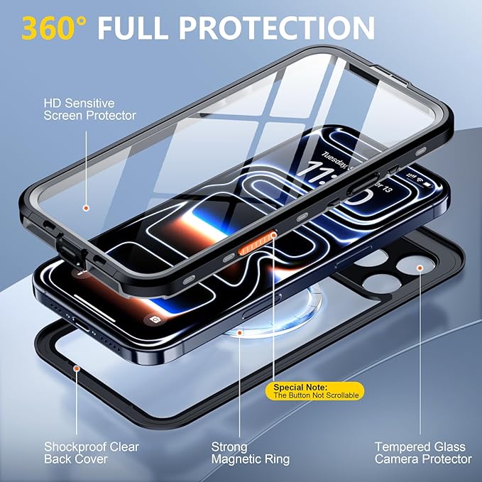 Red2Fire for iPhone 17 Pro Case Waterproof, [Built-in Screen Protector & Camera Protector][Compatible with MagSafe][Full Body Shockproof][IP68 Waterproof][Dustproof] Phone Case 6.3" Black/Clear