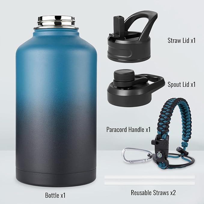 Fijinhom Gallon Water Bottle with 2 Lids (Straw & Spout), 304 Stainless Steel Water Jug with Handle and Wide Mouth, 1 Gallon Vacuum Double Walled Jug for Sports, Outdoors, Blue&Black 128 oz