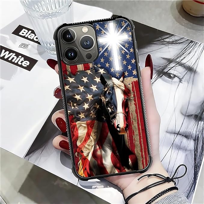 for iPhone 16 Pro Case, Red American Flag Horse Cross Pattern Graphic Design Girl Boy Soft Silicone Hard Acrylic Shock Protection for iPhone 16 Pro