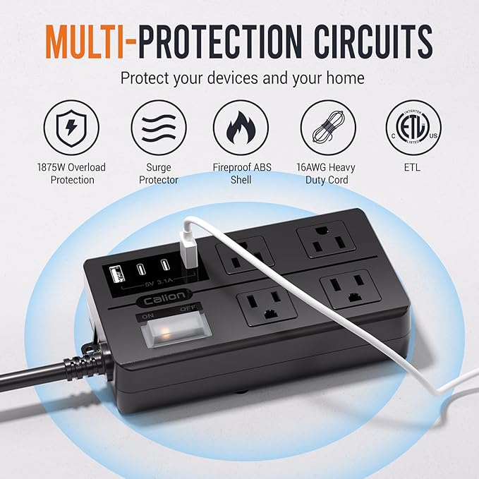 10FT Outdoor Waterproof Power Strip Surge Protector with 4AC Outlets 4USB Ports Power Switch Safety Lock, ETL Certified for Patio Garden Charging