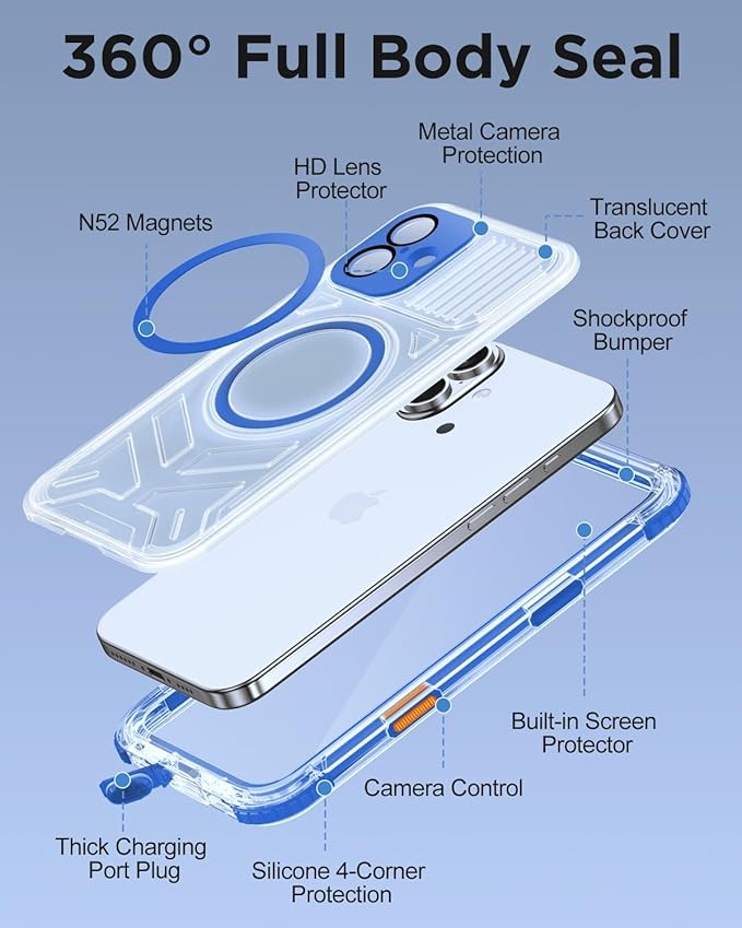 for iPhone 16 Plus Waterproof Case with Magsafe, Built-in [Camera & Screen Protector] [Lanyard], IP68 Water Proof Full Body Dustproof Heavy Duty Frosted Protective Phone Cover, 6.7" Blue