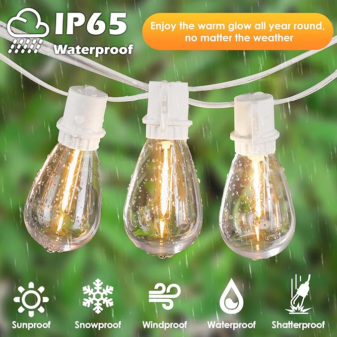Larkvue 192FT(2x96FT) LED Outdoor String Lights, Linkable Patio Light with 60+3 2700K Waterproof Dimmable Hanging Bulbs for Pergola Cafe Wedding-White
