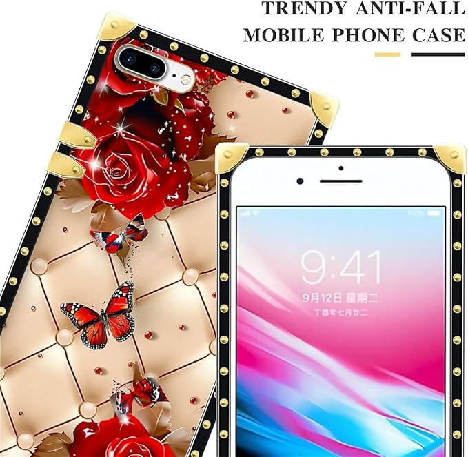 Compatible with iPhone 8 7 SE Case, Shining Red Rose Butterfly Leather Background Luxury Golden Decoration for Girl Women Soft TPU Shockproof Protective Hard PC Back for iPhone 8 7 SE