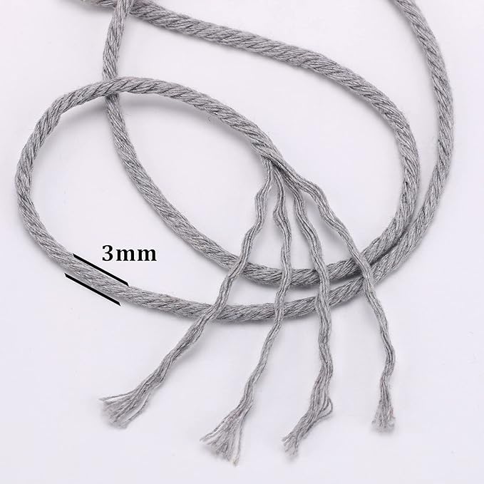 Light Grey Macrame Cord 3mm x 109Yards,Colored Cotton Rope Craft Cord Colorful Cotton Cord Twine for Wall Hanging Plant Hangers Crafts Knitting Decorative Projects