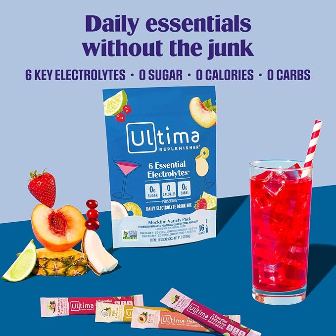 Ultima Replenisher Daily Electrolyte Powder – Mocktini Variety Pack, 16 Stickpacks – Zero Sugar Hydration Packets with 6 Electrolytes and Minerals – Sugar Free, Plant Based & Keto Friendly Drink Mix