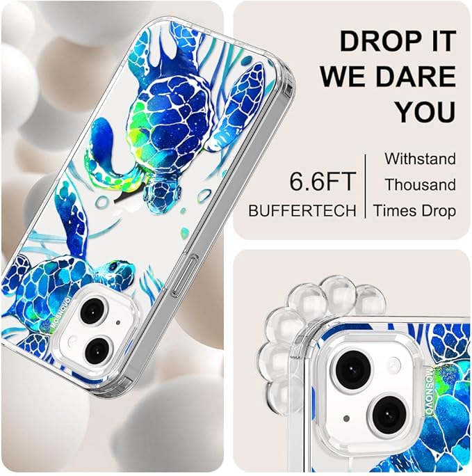 MOSNOVO for iPhone 13/14 Case | Military Grade 6.6ft Drop Tested | Clear with Sea Turtles Design
