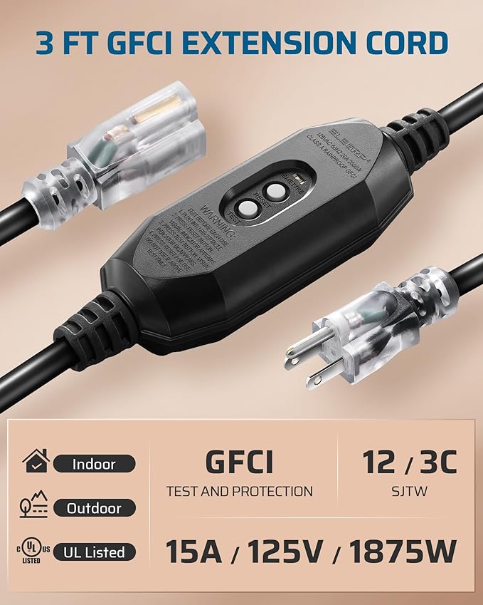 DEWENWILS 3Ft Automatic GFCI Extension Cord Outdoor, 12/3 SJTW Heavy Duty Extension Cord, Power Cord with LED Lighted 3 Prong Plug, 15A/125V/1875W, Black, UL Listed