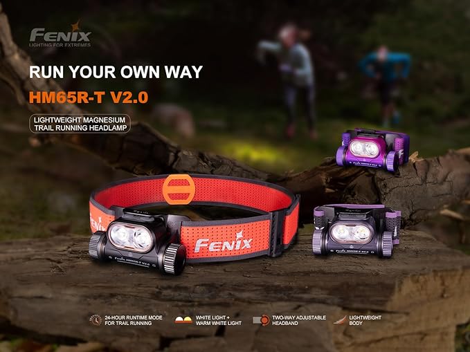 Fenix HM65R-T V2.0 Running Headlamp, 1600 Lumen White Light and Warm White Dual Beams, USB-C Rechargeable, Lightweight Long Runtime for Trail Running, with Organizer (Nebula)