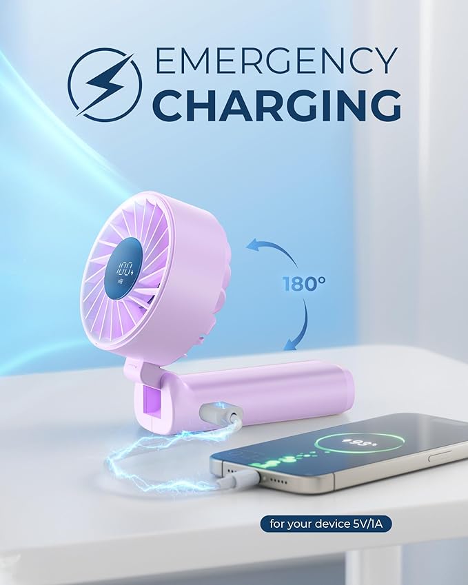 Peiyuu Portable Fan, 4000mAh USB Rechargeable, 180° Foldable Mini Desk Fan, 6 Wind Speed, LCD Digital Display, Lanyard as Neck Fan, Ultra Quiet, Pocket Size for Indoor Outdoor