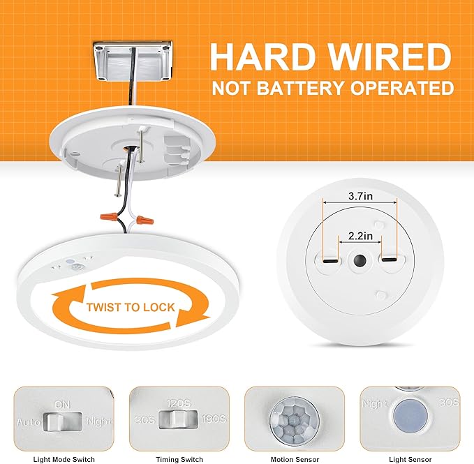 2-Pack Motion Sensor Ceiling Lights Hard-Wired, 9Inch Indoor Motion Activated LED Ceiling Light Fixtures with 3 Modes, Flush Mount Lights for Closet Stairwell Hallway, NOT Battery Operated, 3000K