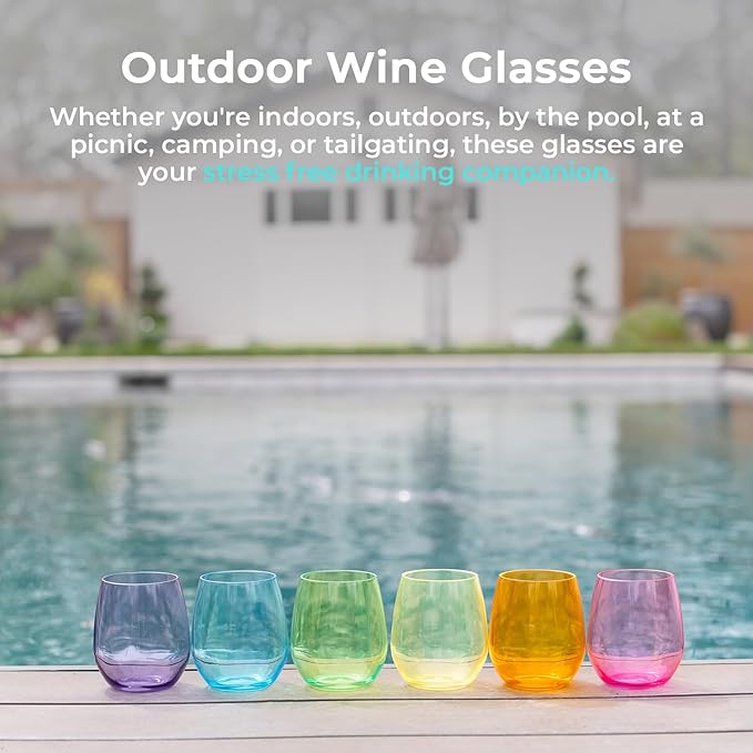 Premium Unbreakable Stemless Wine Glasses – Set of 6 BPA-Free Shatterproof Reusable Plastic Acrylic Wine Glasses | Elegant Crystal-Clear Wine Cups for Outdoor, Wedding, Home Bar Mothers Day Gifts