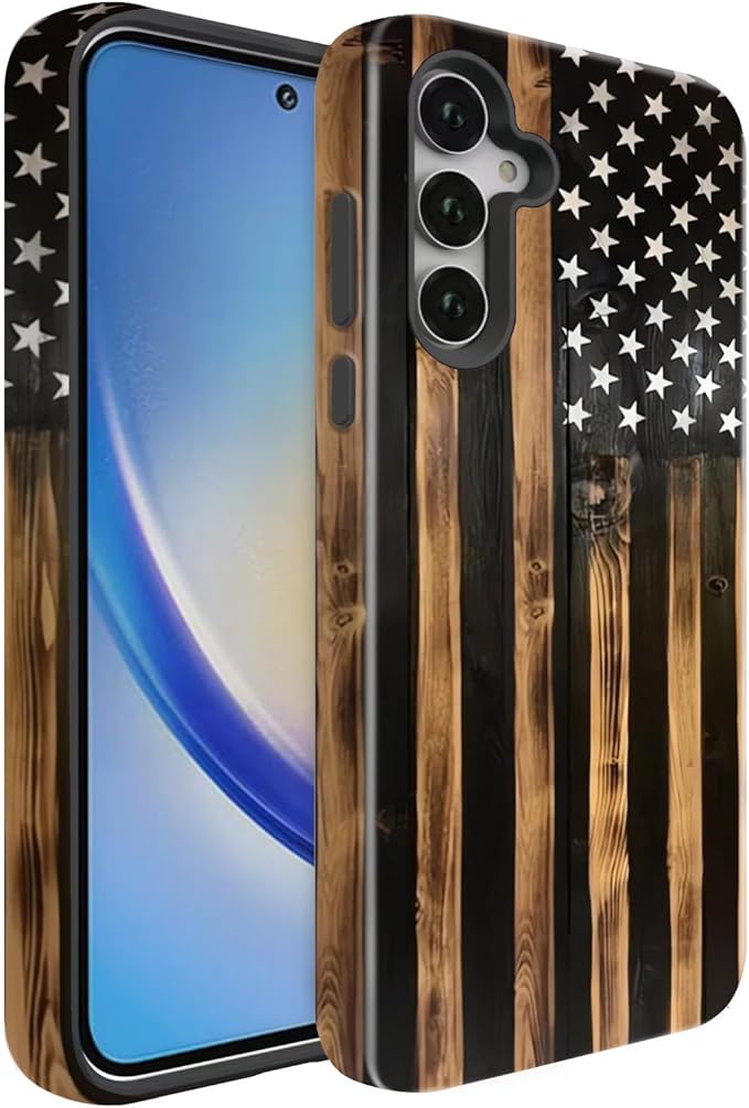 Compatible for Samsung Galaxy A26 5G Case, Dual Layer Heavy Duty 2 in 1 Shockproof Protective Phone Case,Burnt Wood American Flag