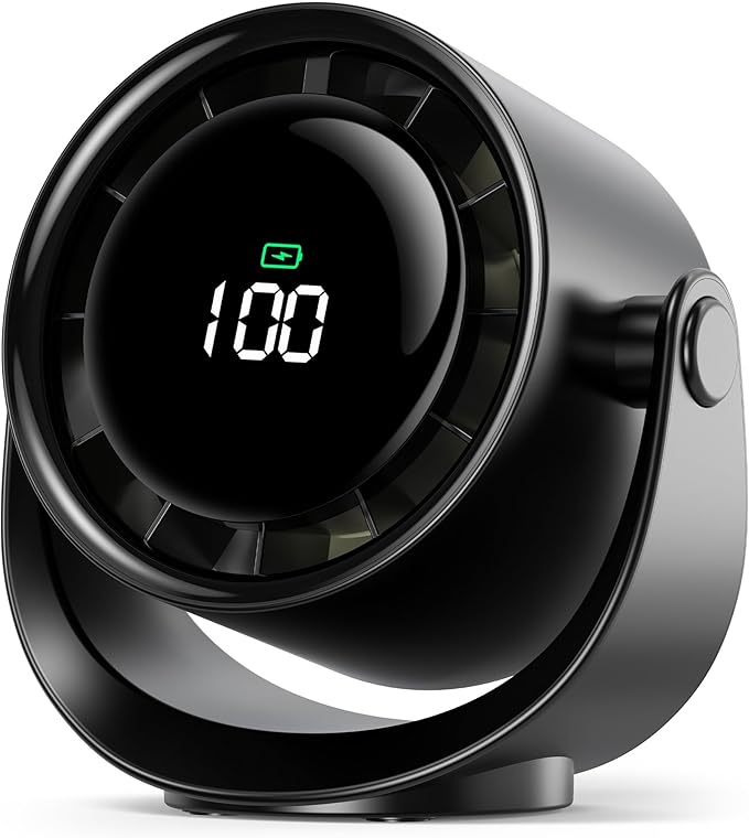 Koonie Desk Fan, LED Display Mini Table Fan, Rechargeable Personal Fan with 4000mAh Battery, Max. 17H Use, 5 Speeds, 360°Tilt, USB-C Charging, Quiet Small Portable Fan for Home, Office, Camp, Travel
