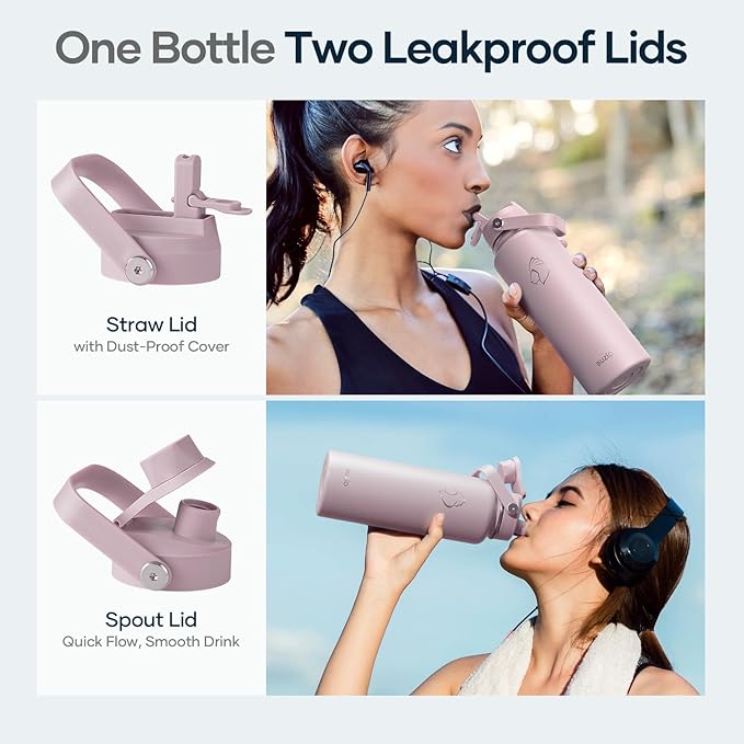 BUZIO 40 oz Water Bottle Insulated, Triple Wall Vacuum Stainless Steel Flask (Cold for 48 Hrs), Leakproof BPA-Free Wide Mouth Metal Jug Hydro Canteen with 2 Lids, Purple