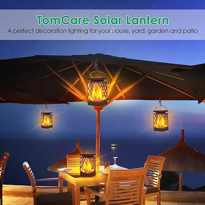 TomCare Solar Lights Outdoor Flickering Flame Solar Lantern Outdoor Hanging Lanterns Decorative Outdoor Lighting Solar Powered Waterproof LED Flame Lights for Patio Garden, 2 Pack(Black)