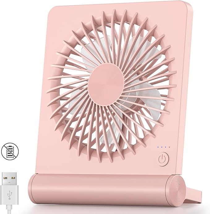 Koonie USB Fan, Strong Wind Ultra Quiet Small Desk Fan 220° Tilt Folding 3 Speeds Adjustable USB-C Powered Personal Fan for Home Office Desktop, Pink, NO BATTERY