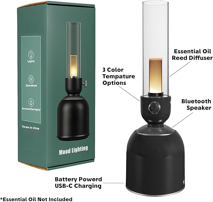 Rechargeable 3-in-1 Camping Lantern with Bluetooth Speaker, Essential Oil Diffuser, Dimmable with Tactile Knob, 1800K/2200K/2700K Tone Options, Classic Lantern Style with Sleek Black