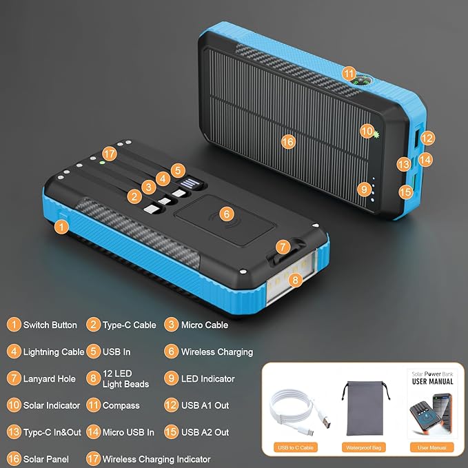 Solar Power Bank 33800mAh with Super Bright LED Flashlight, Built-in 4 Cables & Wireless Charging, Portable Charger with Compass, 7 Outputs & 4 Inputs for Camping/Hiking(Blue)