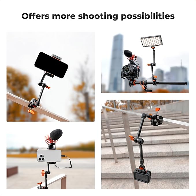K&F CONCEPT 11" Magic Arm Clamp with Super Clamp ARRI 1/4" & 3/8" Thread Screw, 360° Ball Heads Arm with Clamp Mount for Monitor, LED Light, Webcam, Action Camera