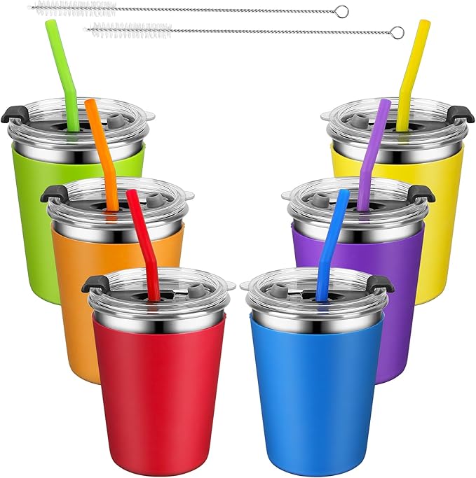 Kids Cups with Straws and Lids Leak Proof, 6 Pack 12oz Sippy Cup for Toddlers 1-3 No Spill, Spill Proof Cup Stainless Steel Kids Cups with Lids for School, Outdoor