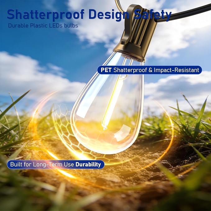 15FT LED Outdoor String Lights with Remote, One Continuous Strand Patio Lights with 8+1 Shatterproof S11 Bulbs, Dimmable 2200K Warm White, Timer & 3 Modes, Low Voltage for Backyard Garden