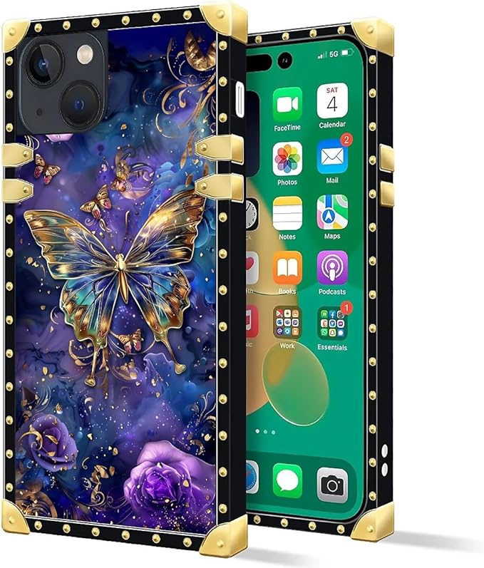 Compatible with iPhone 14 Case, Glistening Golden Butterfly Vibrant Purple Blue Luxury Golden Decoration for Girl Women Soft TPU Shockproof Protective Hard PC Back for iPhone 14