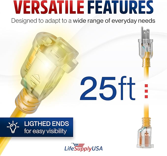 25ft Outdoor/Indoor Extension Cord 16/3 Gauge Heavy Duty 3 Prong SJTW, Waterproof, Flexible Cold-Resistant Long Power Cord,125 Amp 1625W, Yellow by LifeSupplyUSA