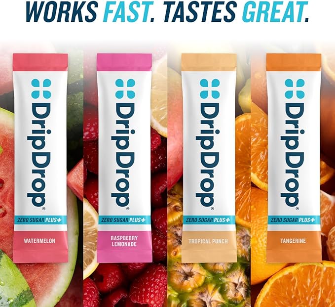 DripDrop Zero Sugar Plus - Sugar Free Hydration Packets- Single Serve Electrolytes Powder Drink Mix - Raspberry Lemonade, Watermelon, Tangerine, Tropical Punch - Non-GMO, Vegan- 16 Sticks