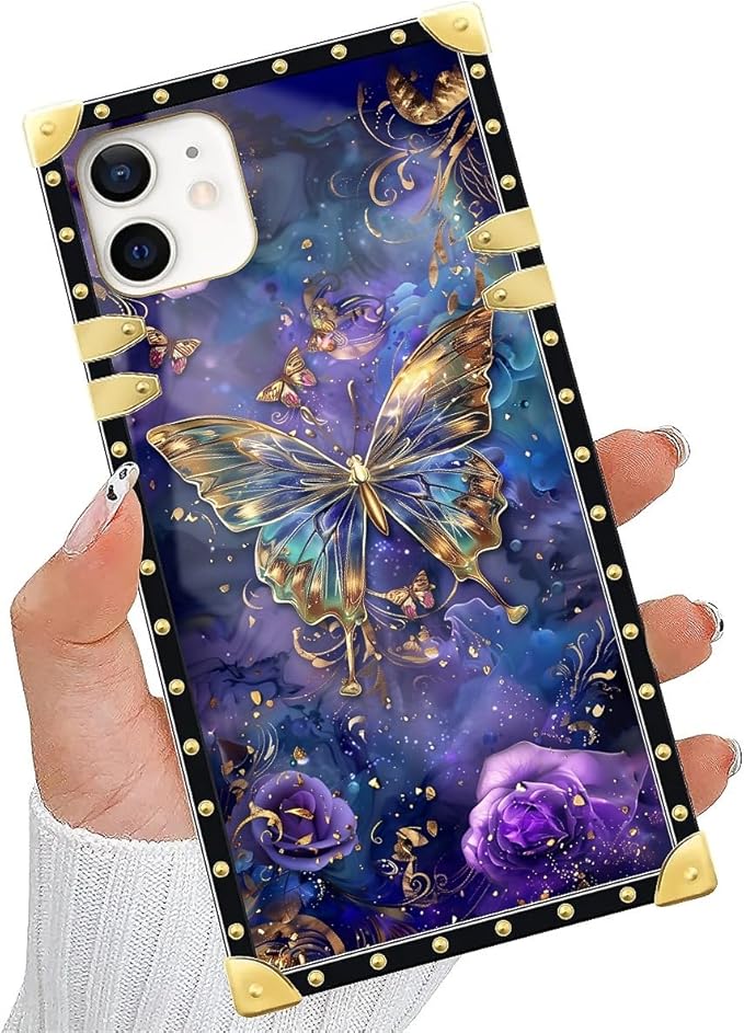 Compatible with iPhone 11 Case, Glistening Golden Butterfly Vibrant Purple Blue Luxury Golden Decoration for Girl Women Soft TPU Shockproof Protective Hard PC Back for iPhone 11