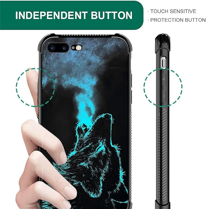 for iPhone 7 Plus/8 Plus Case, Blue Breathing Wolf Pattern Graphic Design for Girl Boy, Soft Silicone Hard Acrylic Shock Protection
