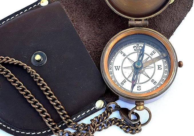 Engravable Compass Nautical Pocket Brass Compass with Leather Carry Case Pirates Camping Compasses Gift Compasses Rustic Vintage Home Decor Gifts