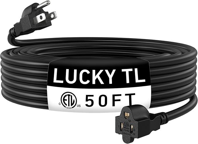 LUCKY TL Indoor Outdoor Extension Cord, 14/3 Gauge Black Long Extension Cord 50ft, Waterproof Flexible Case, Made of Pure Copper, 15A 1875W 16AWG SJTW, 3 Prong Heavy Duty Wire, ETL