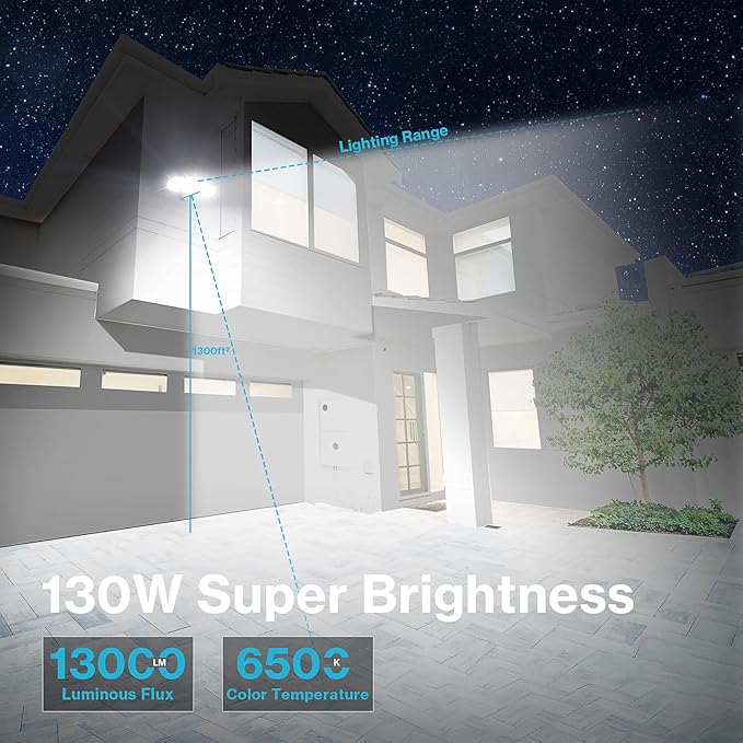 Olafus 130W Flood Lights Outdoor, 13000LM Super Bright LED Flood Light, IP65 Waterproof Outdoor Flood Light Fixture, 3 Adjustable Heads, 6500K Exterior Security Lights for Yard, Garage, Black