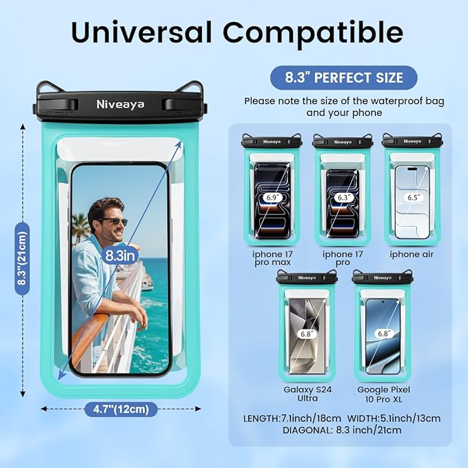 Niveaya Double Space Waterproof Phone Pouch, IPX8 Phone Case with Lanyard for iPhone 17 16 15 Pro Max, Galaxy S25 Ultra, Cellphone Dry Bag for Beach, Cruise Travel Ship Essentials 2 Pack (up to 8.3")