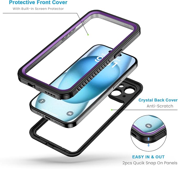Lanhiem for iPhone 15 Case, IP68 Waterproof Dustproof Shockproof Cases with Built-in Screen Protector, 360 Full Body Protective Heavy Duty Rugged Phone Cover for iPhone 15-6.1 inch (Purple)