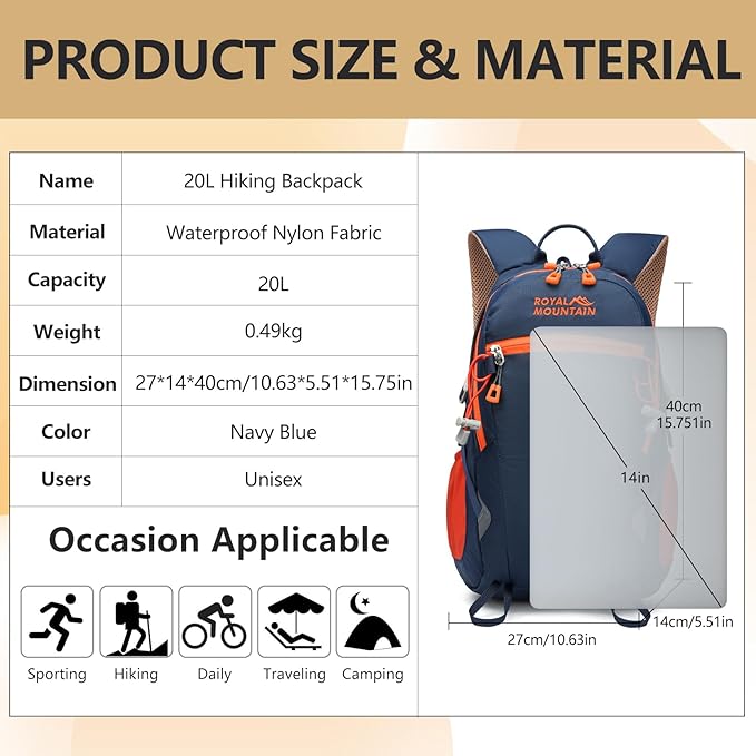 Small Hiking Backpack With Rain-cover, 20L Travel Backpacks For Women Men, Camping Daypack Backpacks Lightweight, Durable Hiking Backpack Fit For Camping, Daily Commuting, Short Trips (Navy Blue)