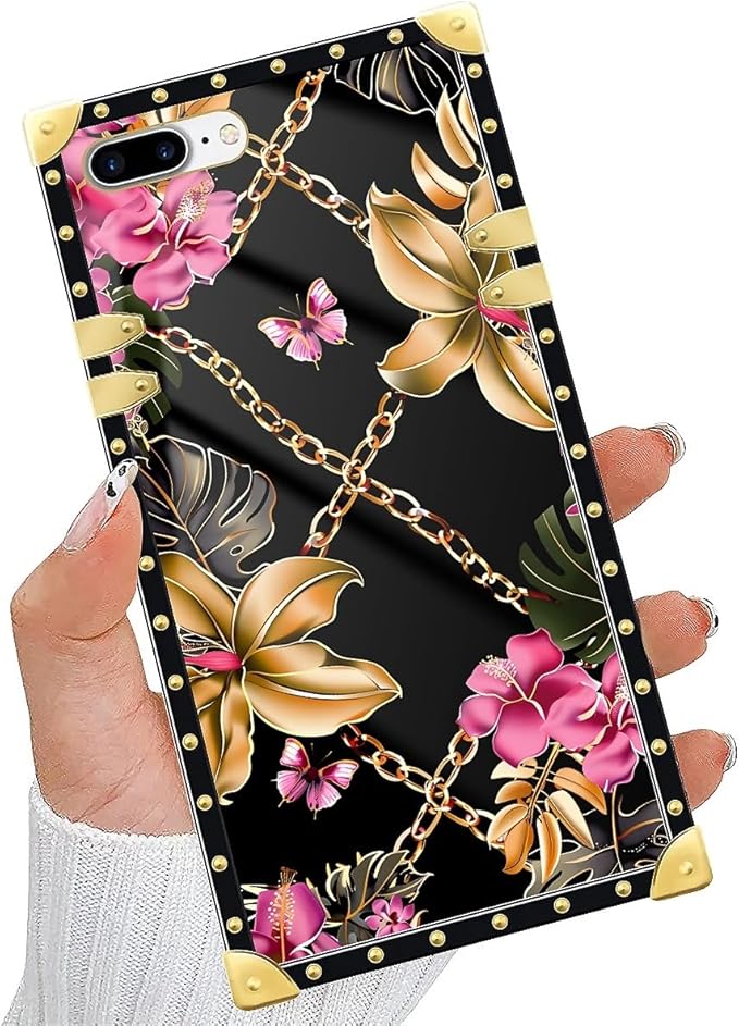 Compatible with iPhone 8 Plus 7 Plus Case, Pink Golden Chain Tropical Flower Luxury Golden Decoration for Girl Women Soft TPU Shockproof Protective Hard PC Back