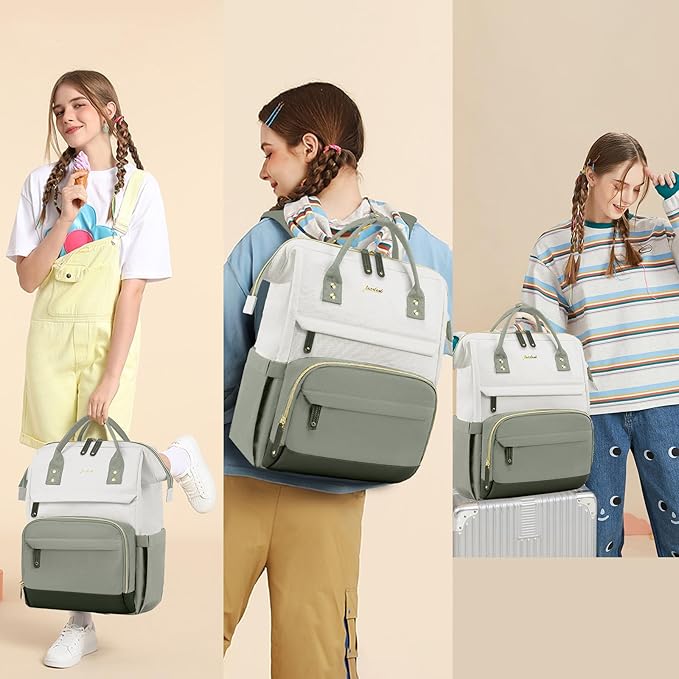 Focdod Laptop Backpack for Women Work Bag - 15.6 Inch Professional Womens Travel Backpack Purse Computer Laptop Bookbag Nurse Teacher Backpacks Waterproof Carry on Back Pack Beige Light Green