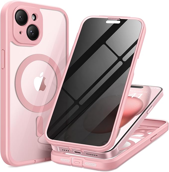 TIESZEN for iPhone 15 Plus Case, Compatible with MagSafe, Built-in Privacy Screen Protector and Camera Protection, Anti Spy Full Body Dustproof Shockproof Hard Phone Case 6.7", Light Pink