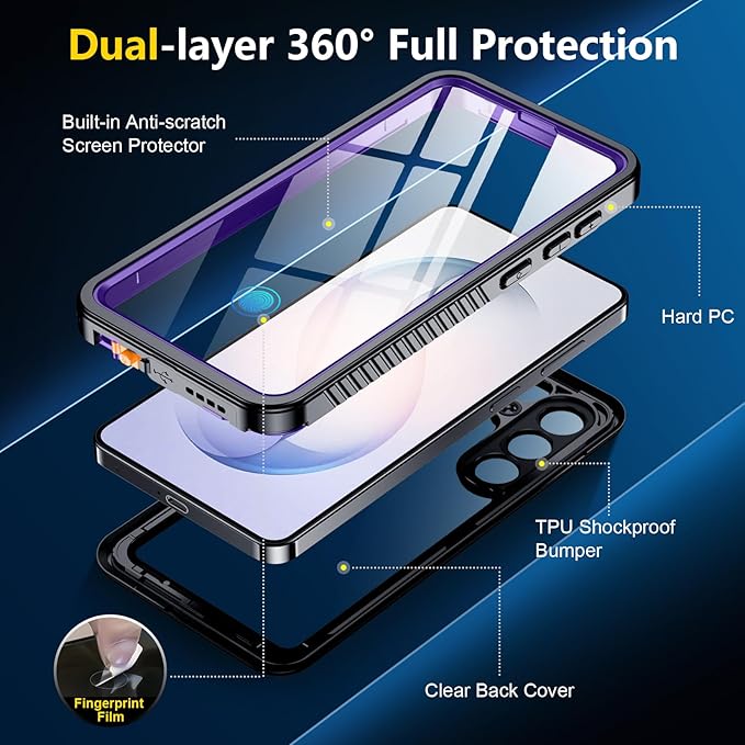 SPIDERCASE Designed for Samsung Galaxy S26 Case Waterproof,Built-in Screen & Camera Lens Protector[IP68 Underwater] [Military Grade Shockproof] Full Body Protection Phone Case,Purple/Clear