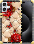 Compatible with iPhone 16 Case, Shining Red Rose Butterfly Leather Background Luxury Golden Decoration for Girl Women Soft TPU Shockproof Protective Hard PC Back