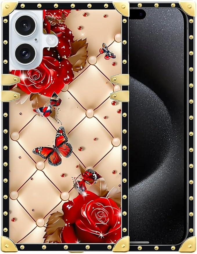 Compatible with iPhone 16 Case, Shining Red Rose Butterfly Leather Background Luxury Golden Decoration for Girl Women Soft TPU Shockproof Protective Hard PC Back