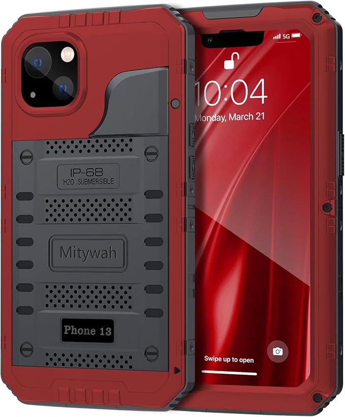 Mitywah Waterproof Case for iPhone 13, Heavy Duty Military Grade Drop Protection Phone Case with Built-in Screen Protector, 360° Full Body Protection Metal Armor Dropproof Case 6.1 inch, Red