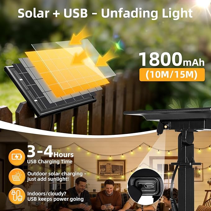 33FT Solar Lights Outdoor Waterproof: G40 10M Shatterproof Bulbs Patio Lights - Solar Powered Remote Control 3 Light Modes Dimmable Solar Light - Camping Backyard Garden Deck Outside Yard
