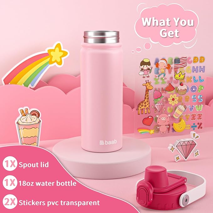 baab 18oz Kids Water Bottle, Insulated Kids Water Bottle with Lockable Spout Lid & Stickers, 18/8 Stainless Steel Vacuum Leakproof Kid Water Cup for Boy Girl School (White+Pink, 2 Pack)