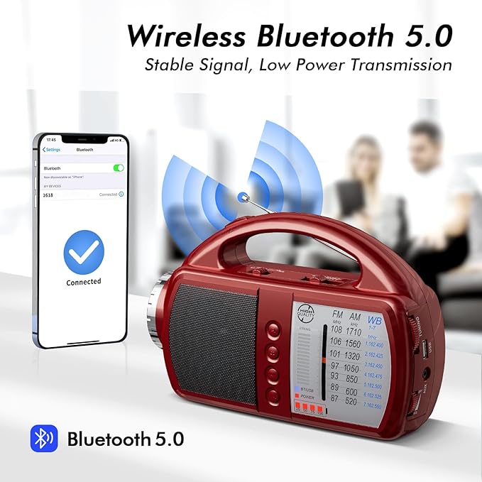 AM/FM/NOAA Weather Radio with Bluetooth Rechargeable Emergency Radio Built-in Rechargeable Battery or 4 AA Battery Operated & AC Power Plug in Wall for Home Camping RED